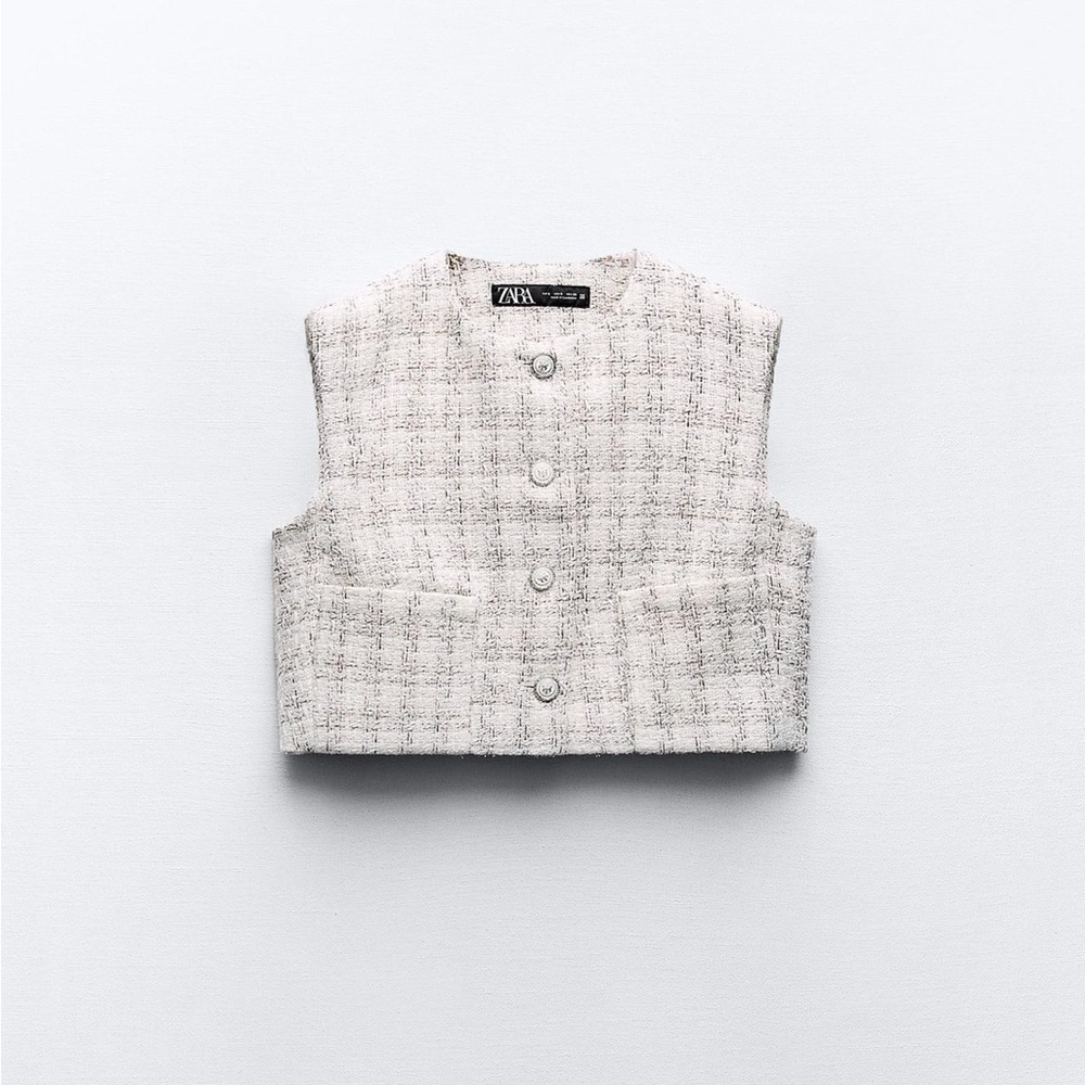 Zara Textured Cropped Vest Round neck Top Front pockets Ecru Beige size L NWT - Picture 10 of 16